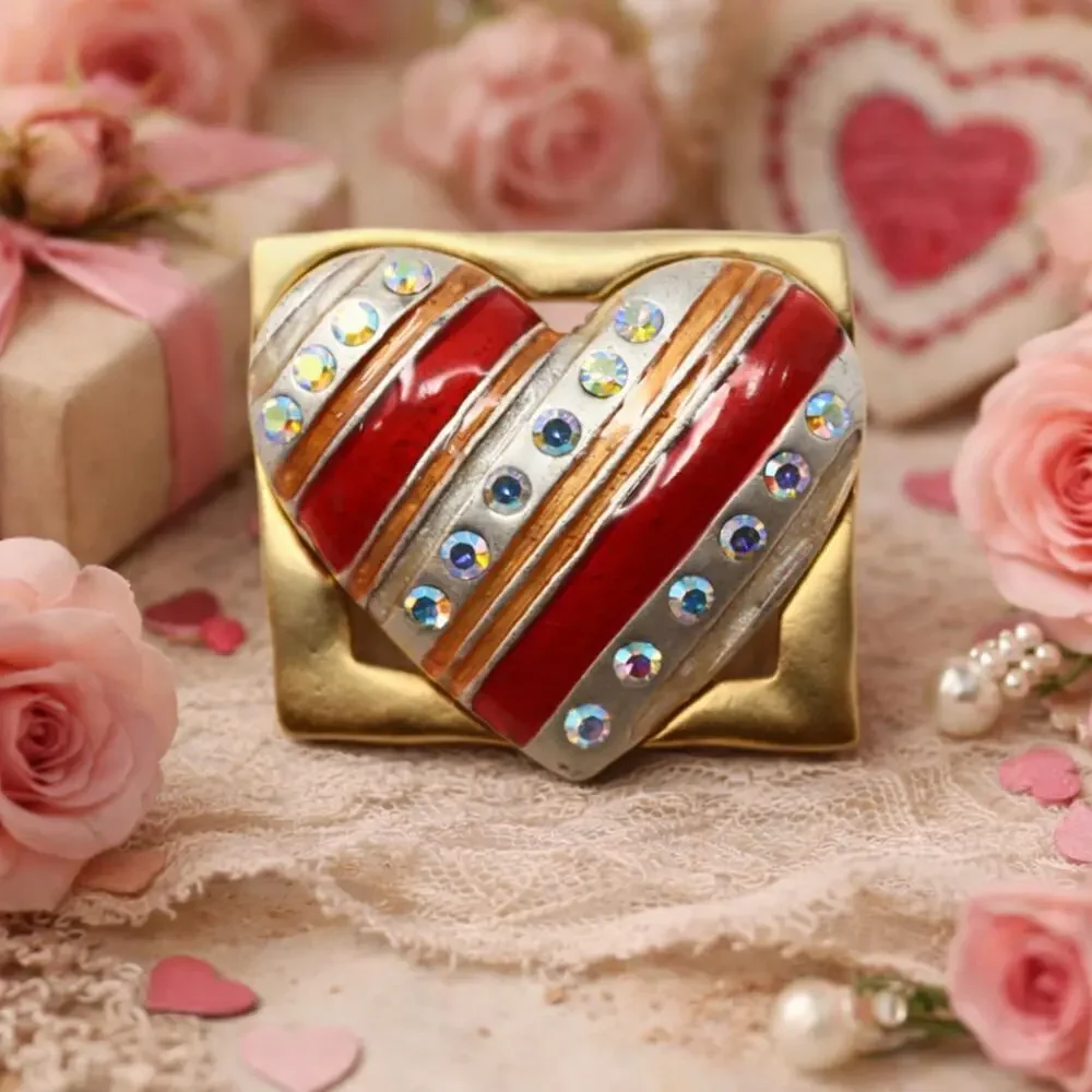 Vintage Signed AMJC Red Enamel Heart Brooch Pin Rhinestones Gold Tone - Hey Viv
